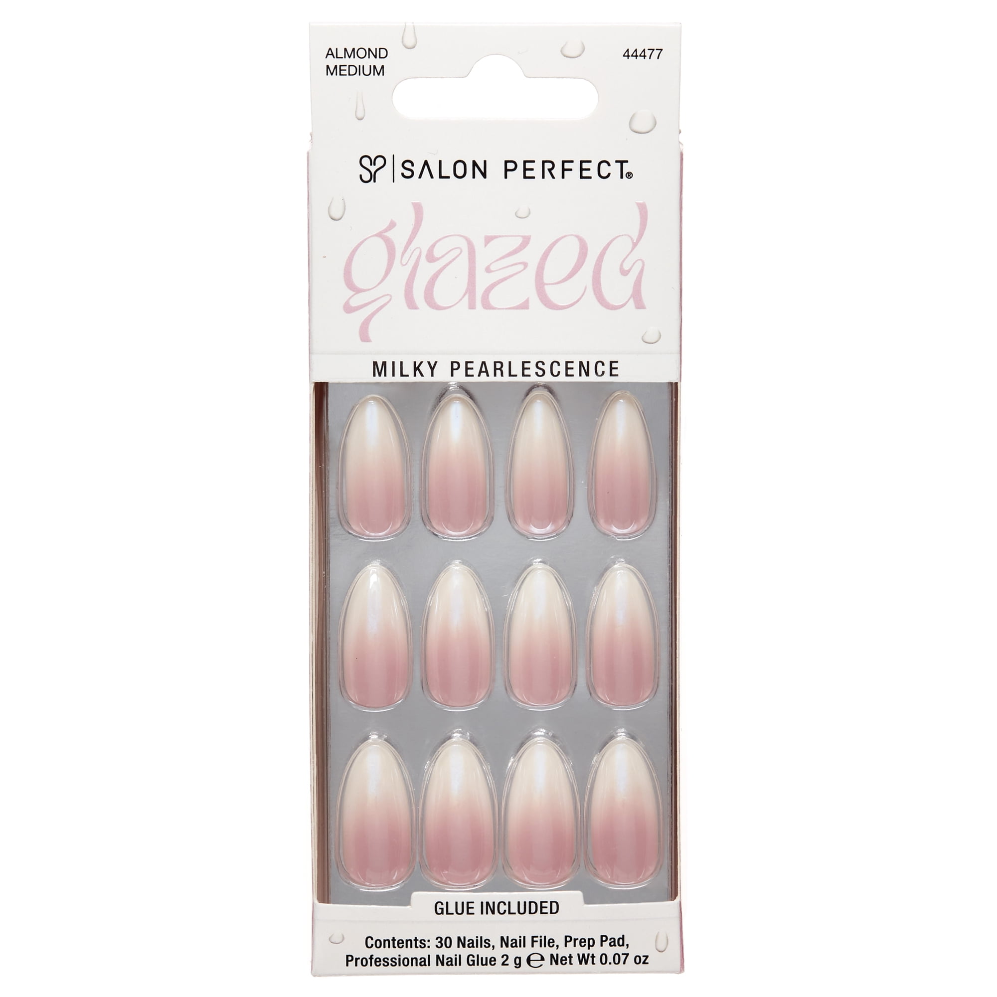 Salon Perfect Artificial Fake Press On Nails, 442 Glazed, Ombre French, Medium Almond, File, Glue and Prep Pad Included, 30 Nails