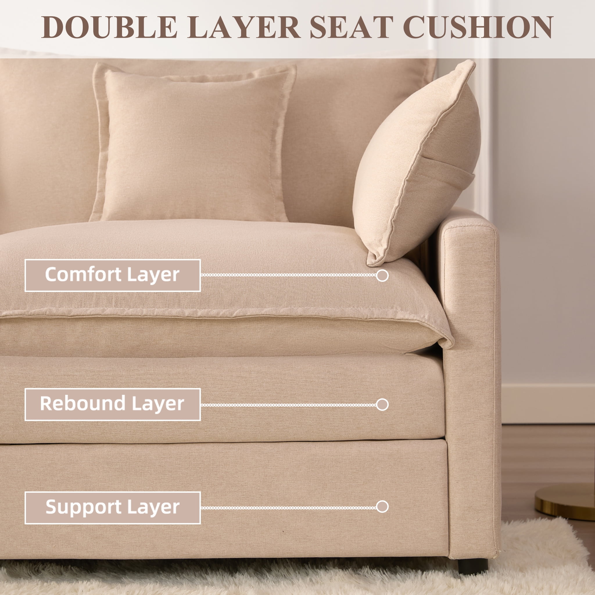 Bigsyy 3 - Seat Sectional Sofa Couch, Comfy Cloud Style, Deep Seat, Sleeper Function with Throw Pillows. Ideal for Adult - Occupied Living Rooms, Modern Design, Cozy Beige