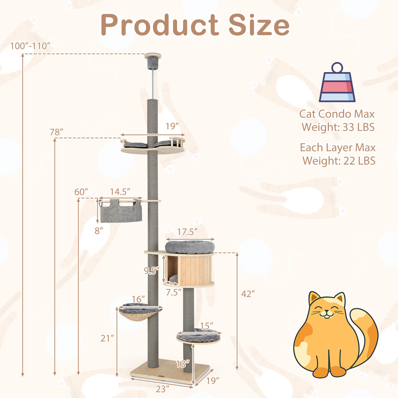 Infans 6-tier Floor-to-Ceiling Cat Tree w/ Cat Condo Hammock Scratching Posts Platform