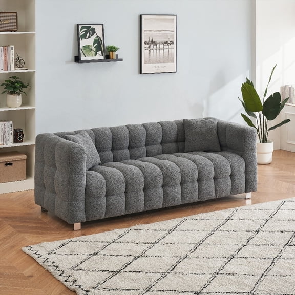 Grey Teddy Fleece 80-inch Sofa for Living Room with Hardware Foot Support and 2 Throw Pillows