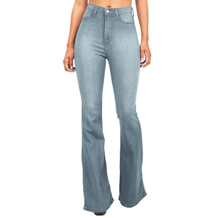 Tiweut Casual Jeans Women High Waist Flared Long Denim Pants Slim Fit Button Pocket Trousers for Ladies Light blue XL