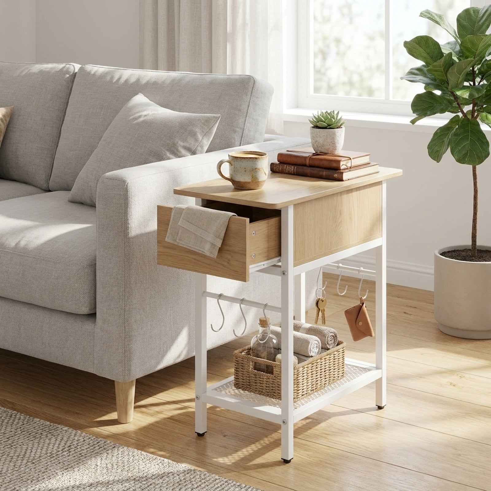 Furnibear End Table with Charging Station USB Ports Outlets and Flip Top Hidden Compartment for Living Room Bedroom and Sofa Side, Natural