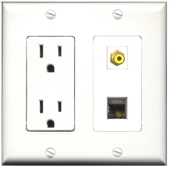 Ultra Spec Cables 15 Amp Power Outlet 1 Port RCA Yellow 1 Port Shielded Cat6 Wall Plate