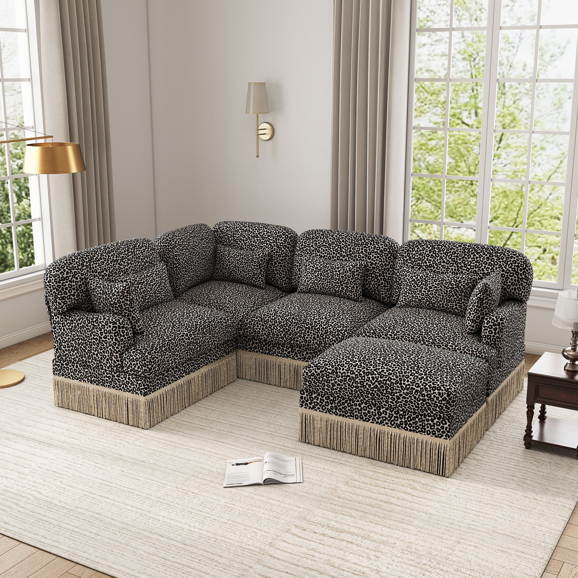 97" U Shaped Leopard Chenille 5 Seater Corner Sofa Couches with 2 Throw Pillows and 4 Lumbar Pillows