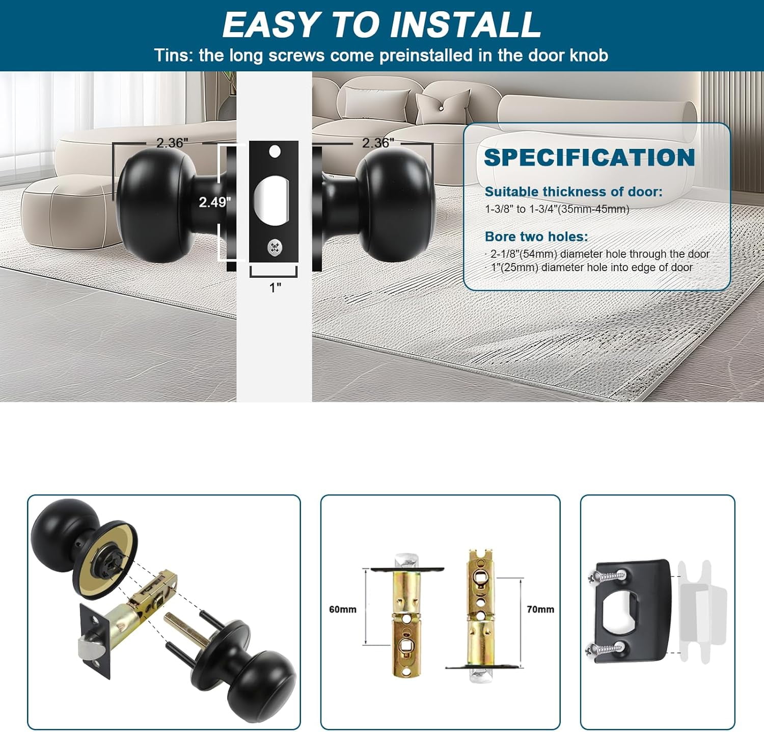 Passage Door Knobs, 5 Pack Matte Black Door Knobs, for Hallway & Closet Non-Locking Interior Round Door Handles Keyless Reversible for Left Right Handed Doors