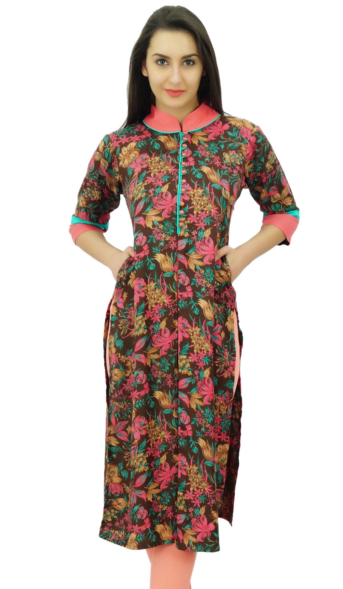 Bimba Women's Short Anarkali Kurti – Orange Cotton, Long Sleeve, Flared Silhouette, 41 Inches Long - View #3