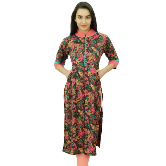 Bimba Women Pashmina Blend Straight Kurta Floral Kurti 3/4 Sleeve with Pockets