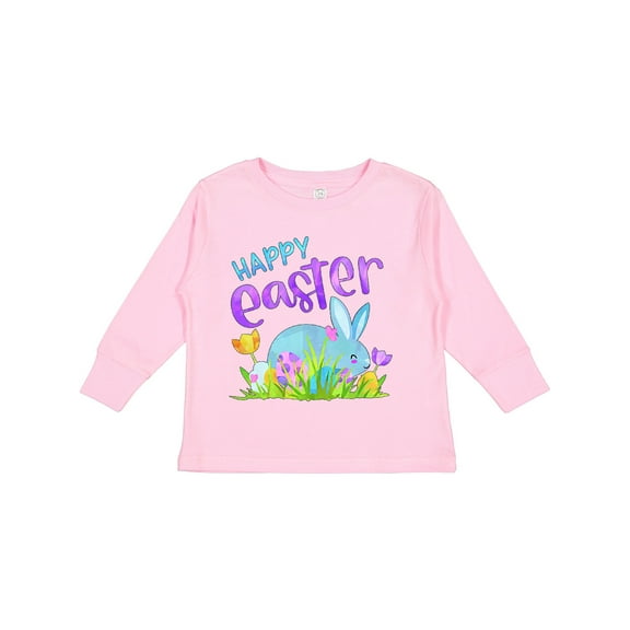 Inktastic Happy Easter Blue Bunny and Eggs in Grass Boys or Girls Long Sleeve Toddler T-Shirt