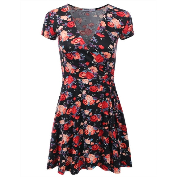 Doublju Women's V-Neck Short Sleeve Swing Flare A-Line Dress