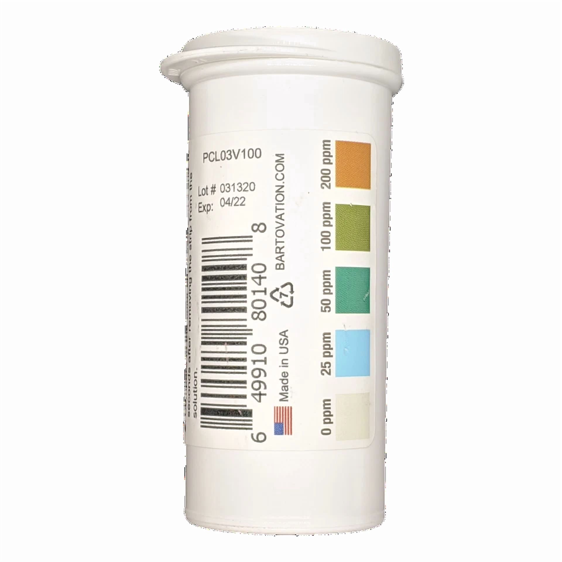 CRESTIN- Mid-Level Chlorine Test Strips, 0-200 Ppm [Vial Of 100 Plastic Strips]