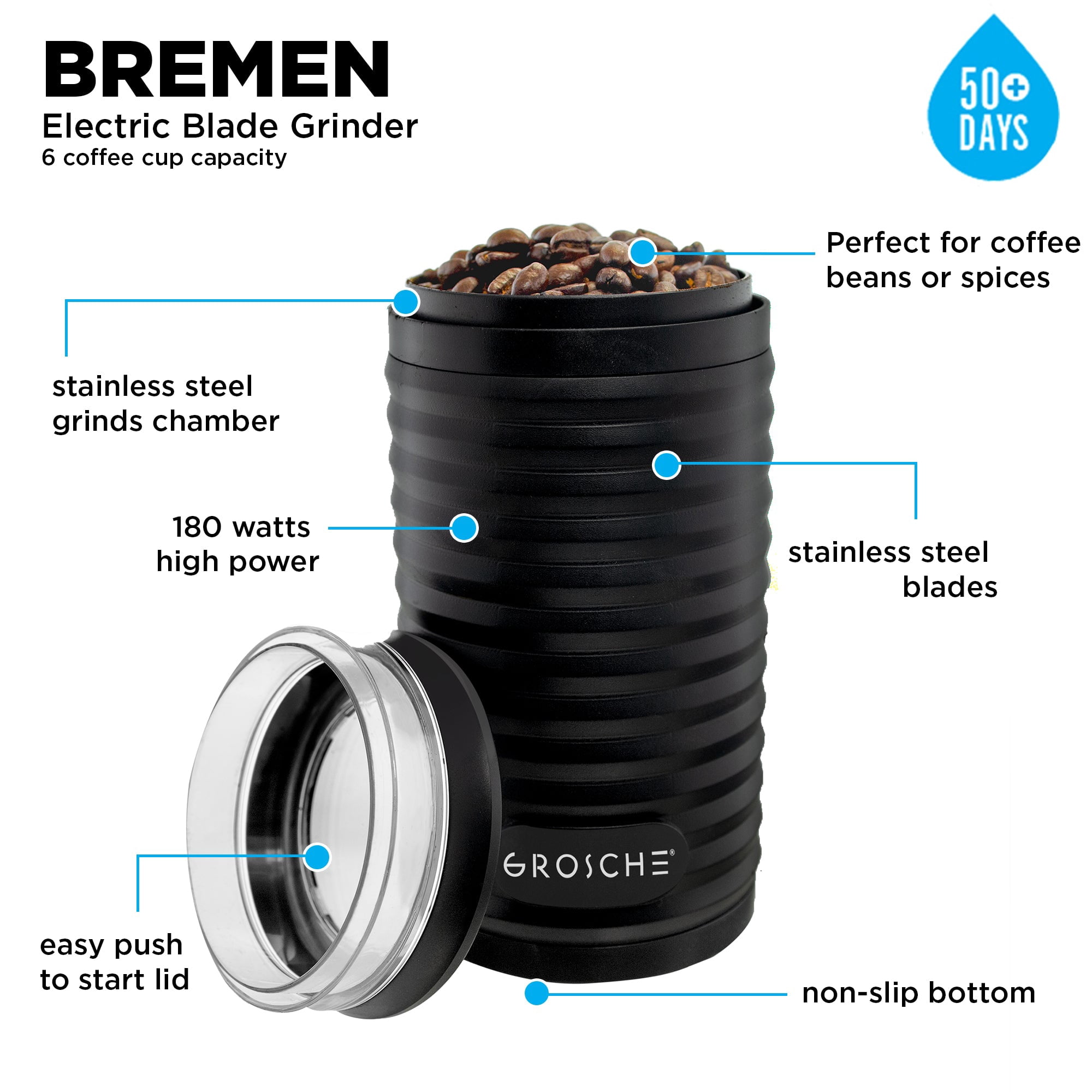 GROSCHE BREMEN Blade Electric Coffee Grinder, Stainless Steel Electric Grinder with easy storage, 180 Watts High Power Motor
