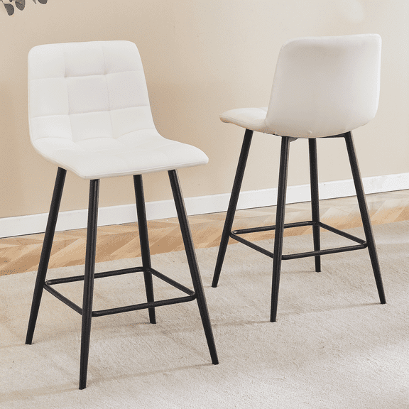 FFZ Modern PU Bar Chair Set of 2 with Black Metal Legs and Checkered Design, White+Black