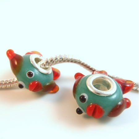 - 1 Bead - Fish Lampwork Orange Aqua Silver European Charm Bead E0900