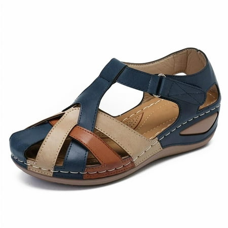 

Lollita Orthopedic Plus Sandals PU Leather Retro Arch Support Comfy Round Toe Sandals for Women Toe Protection Design