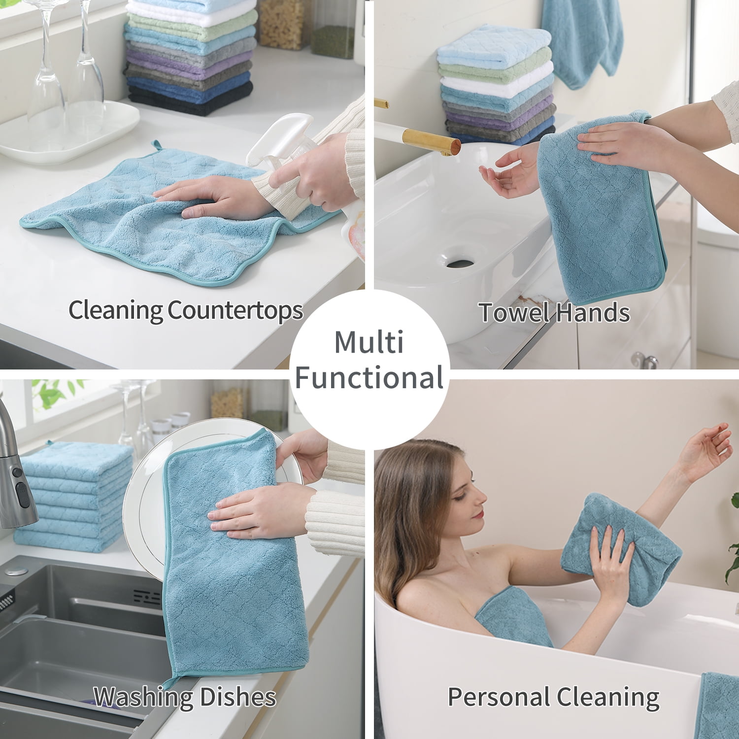 Jessy Home 12 Pack Blue Turquoise Green Washcloths for Bathroom 13"x13" Ultra Soft Hand Face Towels