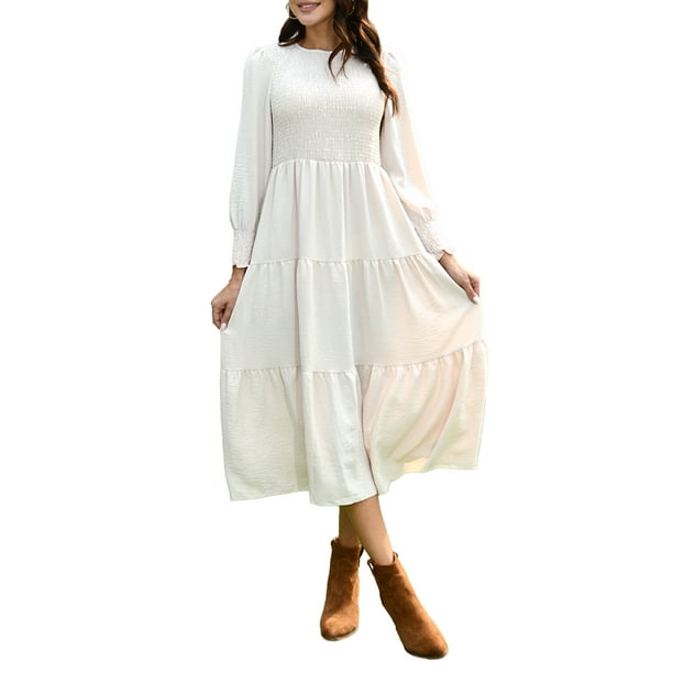 white long sleeve ruffle dress White Ruffle Long Sleeve Dress White (Without Plaid) / L