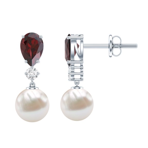 Rosec Jewels Garnet and Freshwater Pearl Drop Earrings with Moissanite (AAA Quality), 925 Sterling Silver