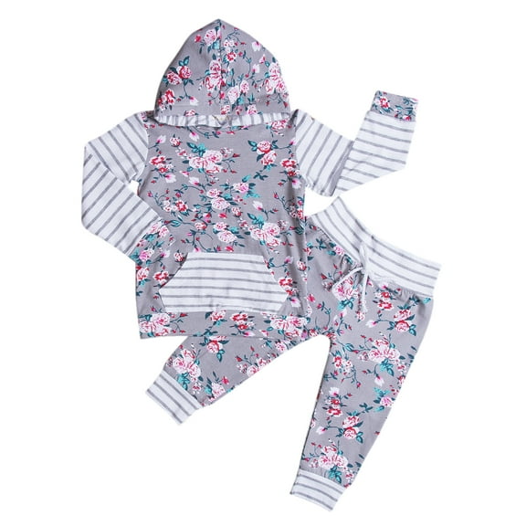Infant Baby Girls Boys Floral Outfits Clothes Tracksuit Printed Hooded Sweater Leggings Pants Set