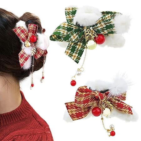 Yoyauz Plush hair clip with tassel, Christmas plaid bow hair clip non-slip claw clip with bell ladies Christmas hair claw