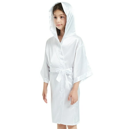 

Kids Pajamas Solid Silk Satin Hooded Bath Kimono Nightgown Clothes Girls Sleepwear White 150(8 Years-9 Years)