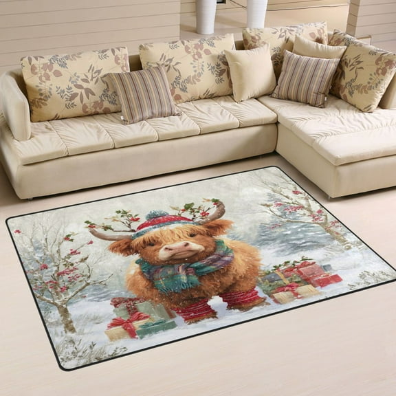 Non-Slip Area Rug 31"x20" Indoor Washable Floor Mats Carpet Printed for Living Room, Bedroom, Home Decor Cow Wearing Christmas Hat