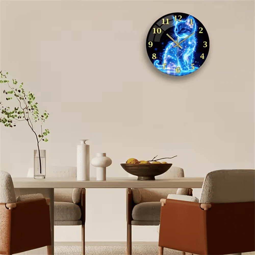 VOCOO 12 Inch NeonCat Glass Wall Clock, Non-Ticking, Battery Operated,Silent Quartz Easy-to-Read for Home, Office, Kitchen Decor