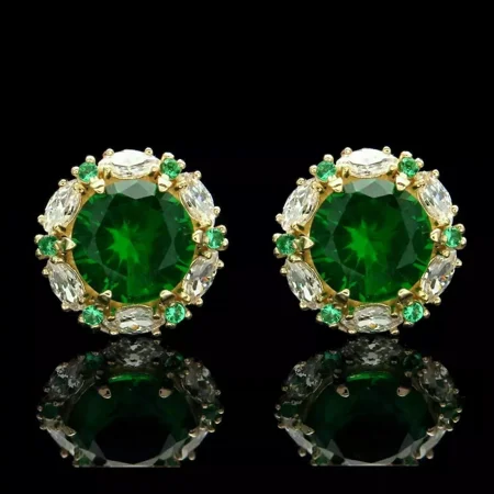 Round Cut Simulated Emerald Diamond Halo Stud Earrings in 14K Yellow Gold Plated Sterling Silver - Elegant & Stylish