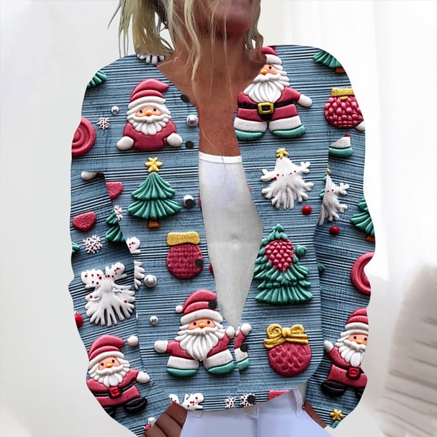 Cárdigan informal de punto con estampado navideño para mujer, chaqueta con botones y abrigo para mujer