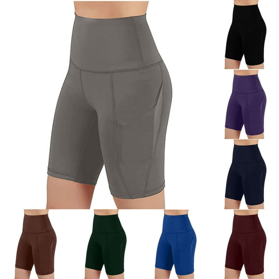 CFLVAEK High Waisted Biker Shorts with Pockets for Women Plus Size Tummy Control Workout Yoga Shorts Summer Solid Color Running Bike Shorts Army Green L