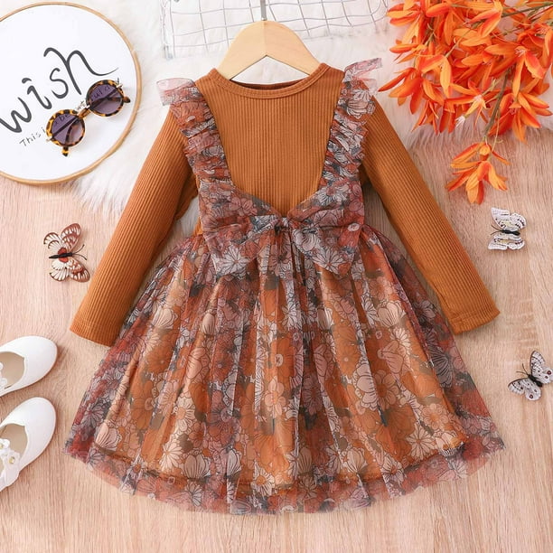 Vestido Para Ninas Ropa Para Ninas Pequenas Primavera Otono Vestido De Manga Larga Con Lazo De Malla De Flores Para Ninos Pequenos Vestido De Princesa Marron Odeerbi LM103 7393 Walmart en linea