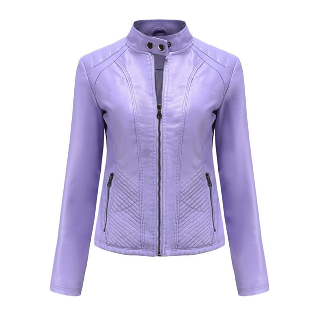 WEIYLL Veste en Molleton pour Femmes avec Col à Revers, Fermeture Éclair Moteur, Courte, Punk, pour Cycliste, Violet, Automne, Taille 2TG