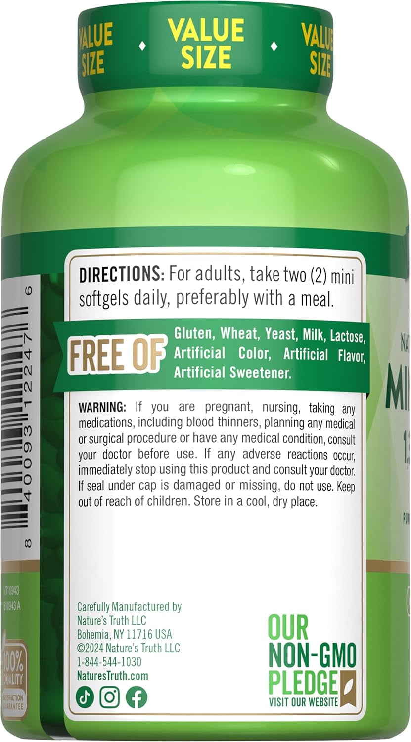 Fish Oil Omega 3 | 1340 mg | 200 Mini Softgels | Burpless Lemon Flavor Pills | Non-GMO & Gluten Free Supplement | By Nature's Truth