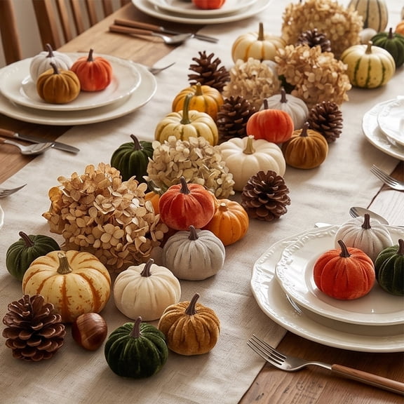 EDHITNR 12pcs 6cm Velvet Pumpkin Ornaments, Fall Thanksgiving Tree Hanging Decor 3 Color Sets, Autumn Harvest Home Decoration Soft Fabric Mini Pumpkins