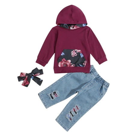 

Canrulo Newborn Baby Girls 3Pcs Fall Outfits Floral Hoodie Tops Ripped Jeans Pants Headband Clothes Purple 18-24 Months