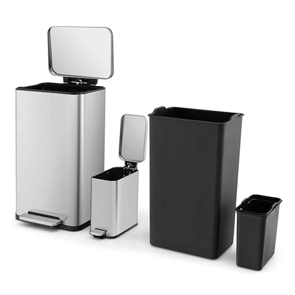 2 Pack Kitchen Garbage Can, 10.5 Gal & 1.6 Gal Stainless Steel Trash Can Combo with Step-on Pedal, Removable Inner Bucket & Stay-Open Lids, Portable Waste Bins for Bathroom & Office