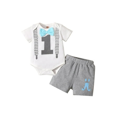 

LAPAKIDS Newborn Infant Baby Boy Summer Short Sleeve Printed Romper and Shorts 2PCs Outfit