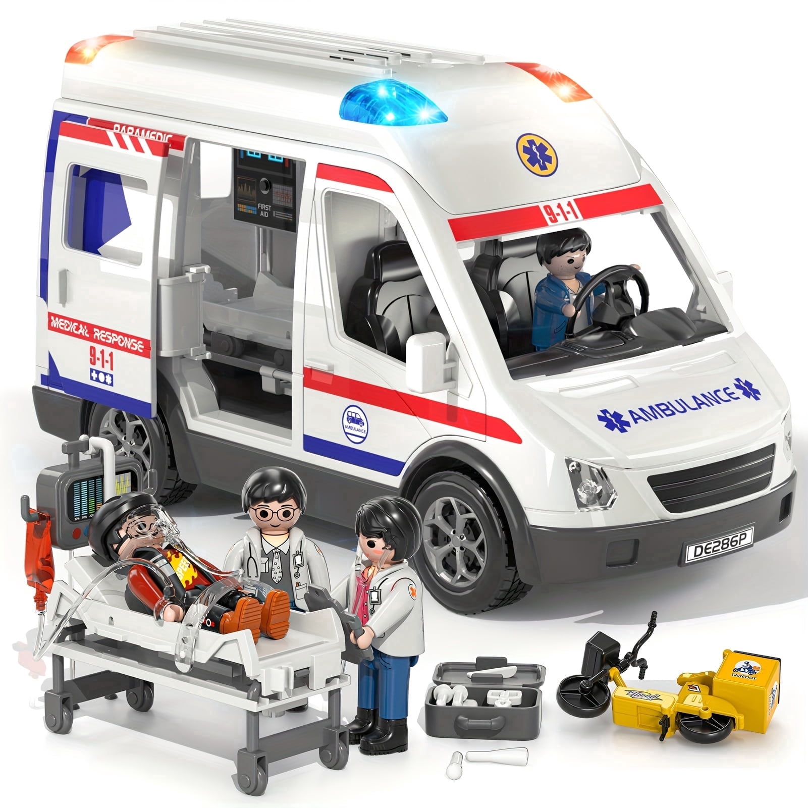 Kiddie Play Ambulance Toy with Lights and Sound Friction Powered Emergency & Rescue Vehicle Set Doors That Open and a Stretcher | Friction Powered Emergency & Rescue Vehicle Set, Doors that Open