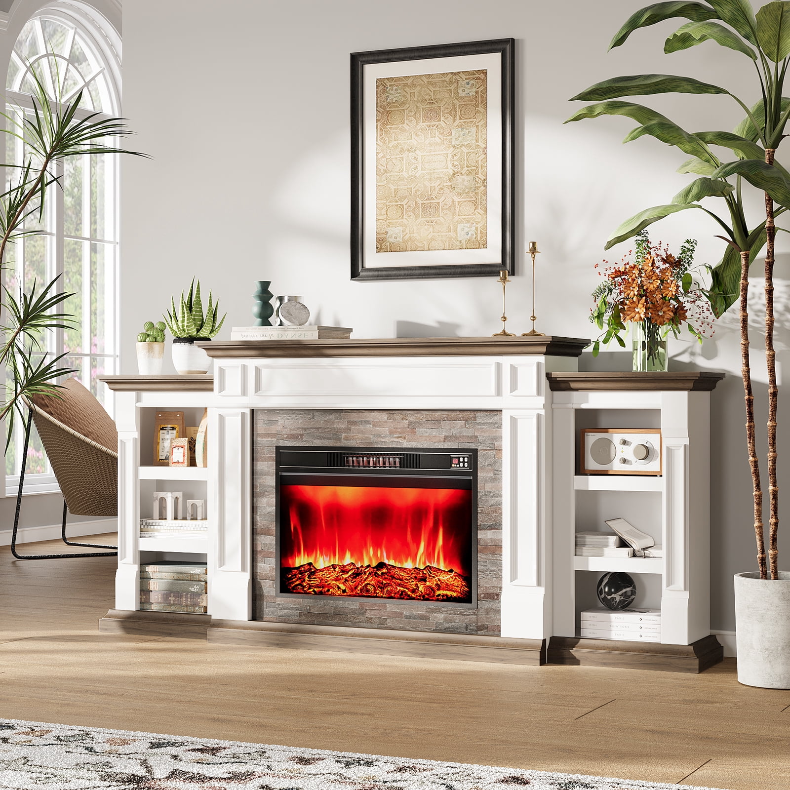 80" Fireplace Mantel with 30" Electric Fireplace and Bookshelves, Wooden Storage Freestanding Heater with Remote Control,White & Brown