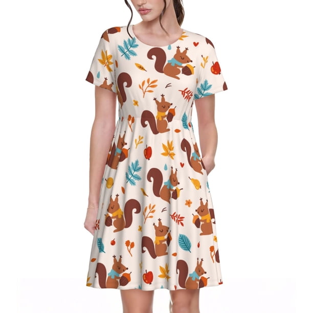 Balery Forest Squirrel Nuts Vestidos sueltos de manga corta para mujer, vestidos de verano 2025, vestidos casuales de corte A con vuelo.