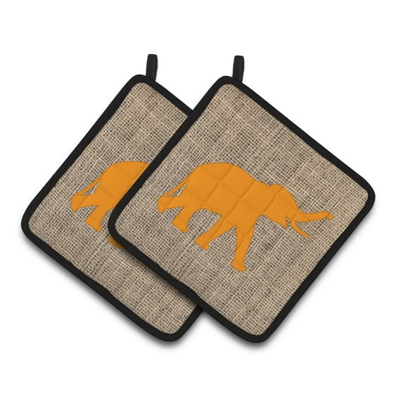 Carolines Treasures BB1011-BL-OR-PTHD Elephant Faux Burlap and Orange Pair of Pot Holders , 7.5HX7.5W, multicolor