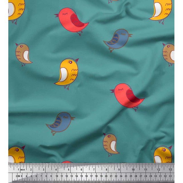 Soimoi Satin Silk Fabric Bird Clip Art Print Fabric by Yard 42 Inch Wide