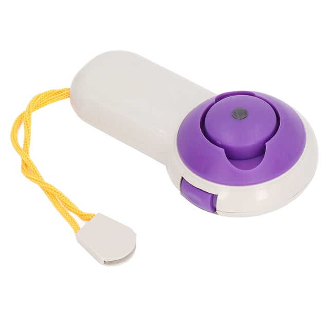 Handheld Massager by EZSPTO with a white ABS body and purple massage head, featuring a yellow wrist strap for portability. Includes five interchangeable heads for targeted relief, suitable for full-body massage, powered by 2 AA batteries (not included). Compact and ergonomic, ideal for travel or outdoor activities like mountain climbing.