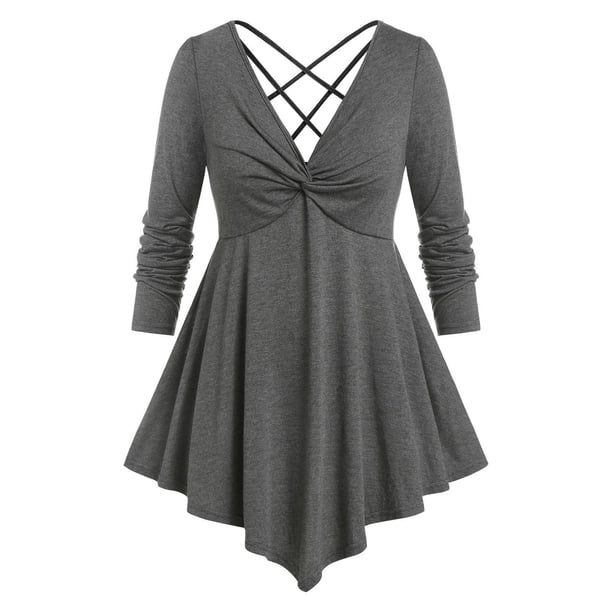 Talla grande Crisscross Front Twist Empire Cintura Tee Rosegal Mangas largas de talla grande