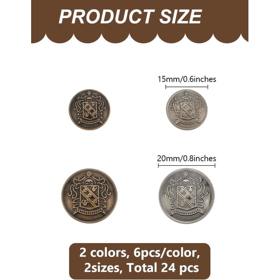 24Pcs 2 Sizes 4-Hole Brass Buttons Half Round with Badge Blazer Buttons Sewing Crafting Buttons with 1.8-2x2.5mm Hole for Men Women Sweaters Blazer and Jacket Overcoat Antique Bronze and Gunmetal
