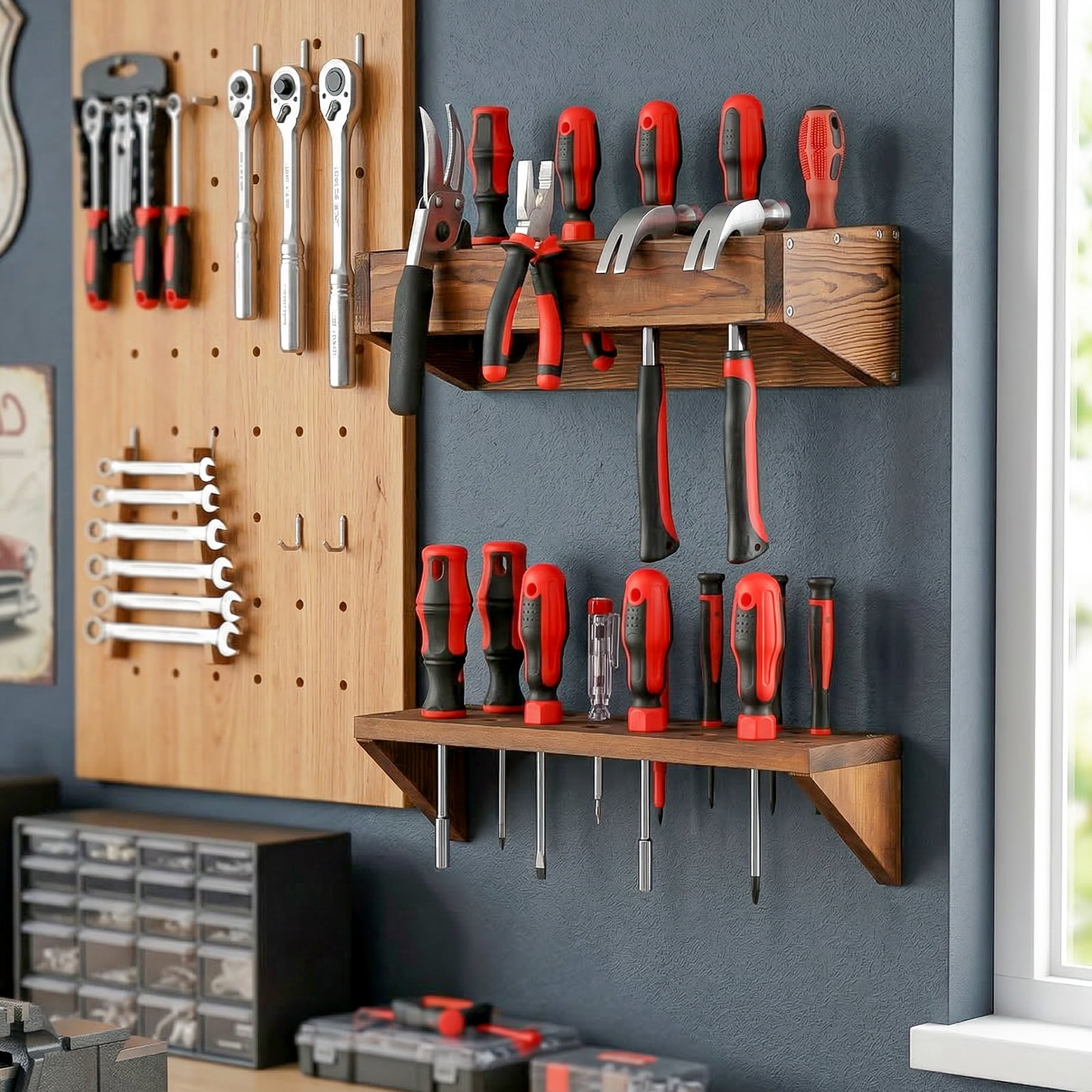 SoildPal Wall Mount Screwdriver Organizer 2-Pack, Wood Tool Holder for Pliers and Hammer, Garage Tool Storage Rack for Workshop Wall Organization