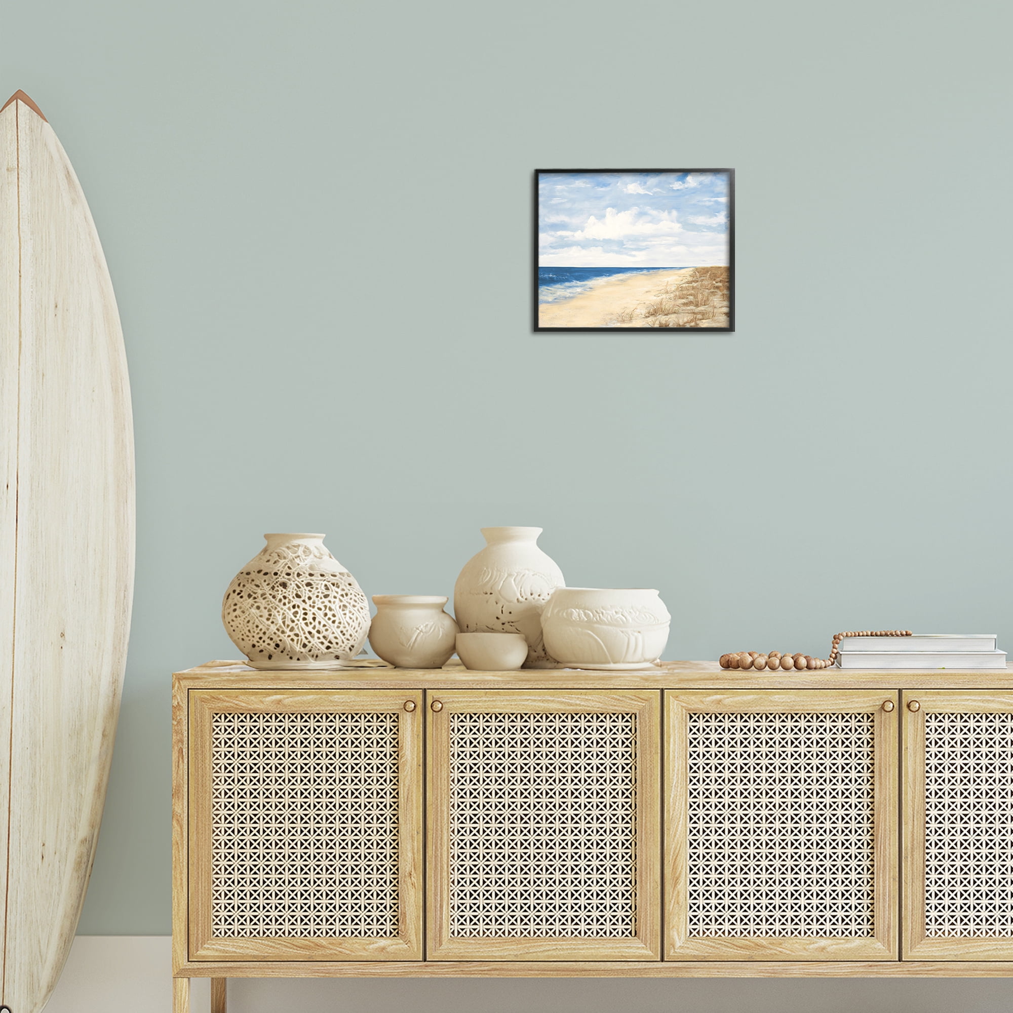 Stupell Industries Calm Beach Painting Coastal Painting Black Framed Art Print Wall Art, 14 x 11