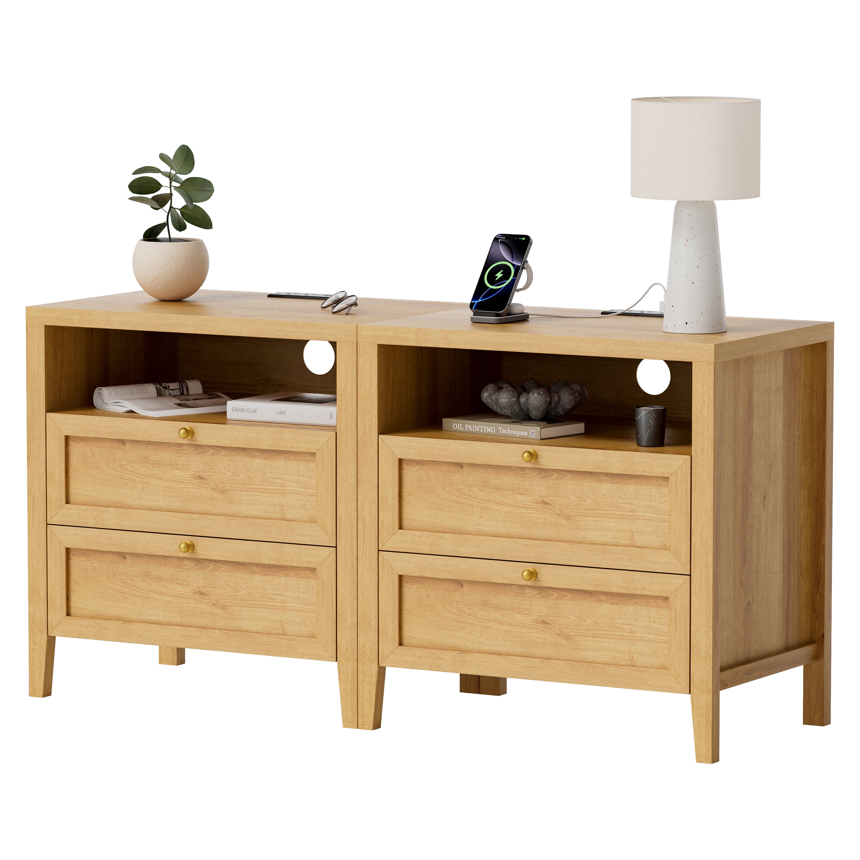 Joyyskill Farmhouse End Table with 2 Drawers Set of 2, Wooden Nightstand with Open Storage Cable Hole Freestanding Wide Bedside Table for Bedroom Living Room Sofa, Natural Oak