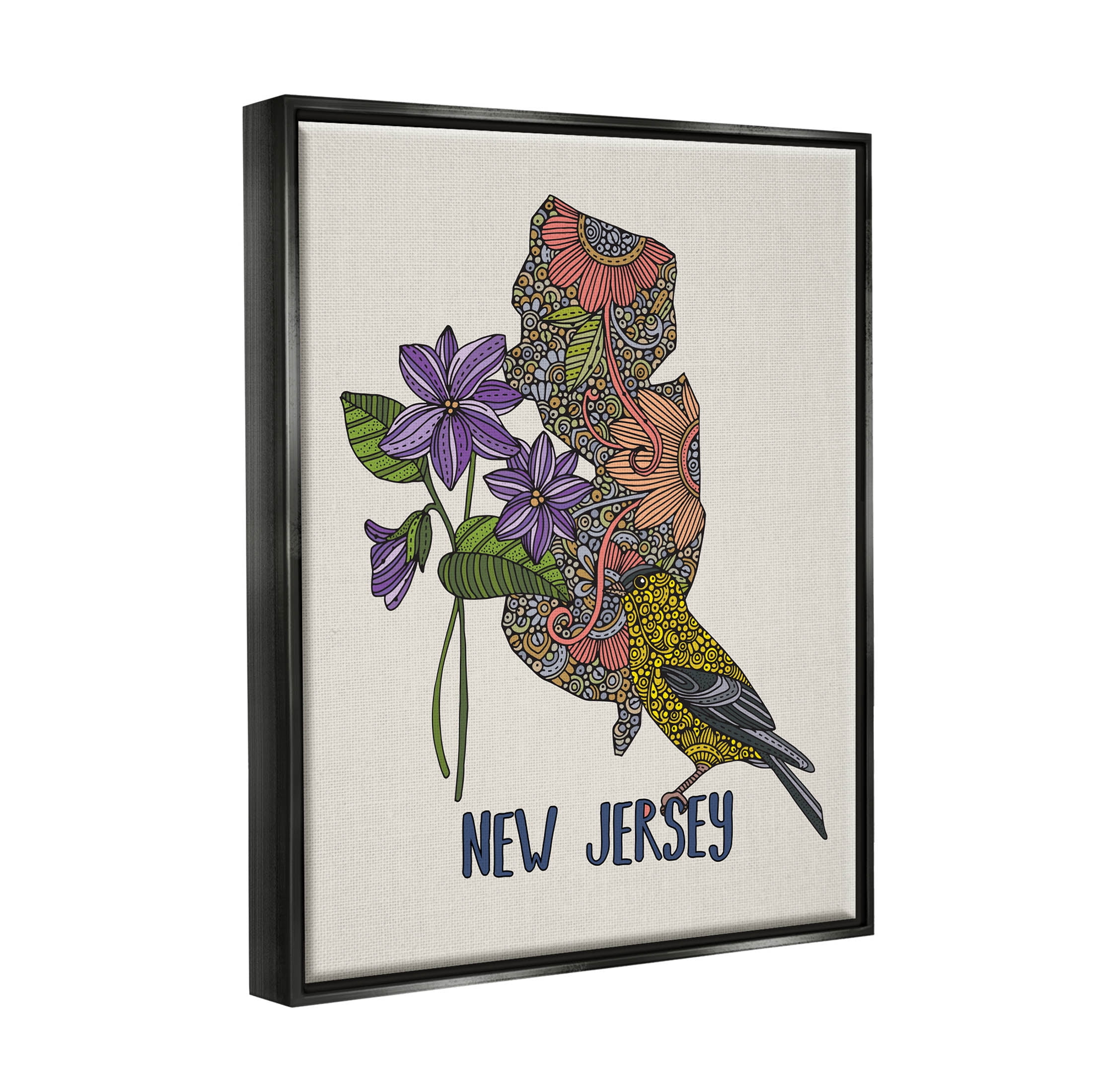 Stupell Industries New Jersey Detailed Pattern Graphic Art Jet Black Floating Framed Canvas Print Wall Art, Design by Valentina Harper