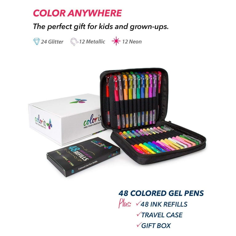 KINGART® Soft Grip Glitter Gel Pens, 2.0mm Ink Cartridge, Set of 12 Unique  Colors