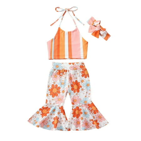

Musuos 3Pcs Baby Girl Sleeveless Floral Halter Crop Top Rainbow Bell Bottom Pants Set